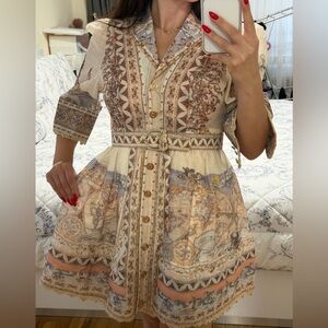 Miss Rossi Beige and Brown Patterned Midi Dress